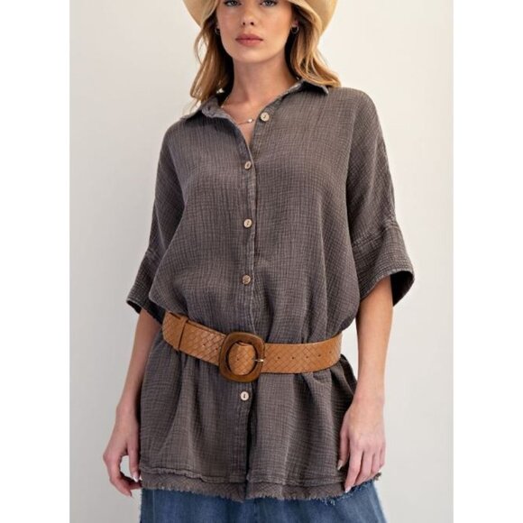 #0837 Easel NWT Ash Washed Cotton Gauze Button Up Oversized Shirt Sz Small-Large - Picture 1 of 4